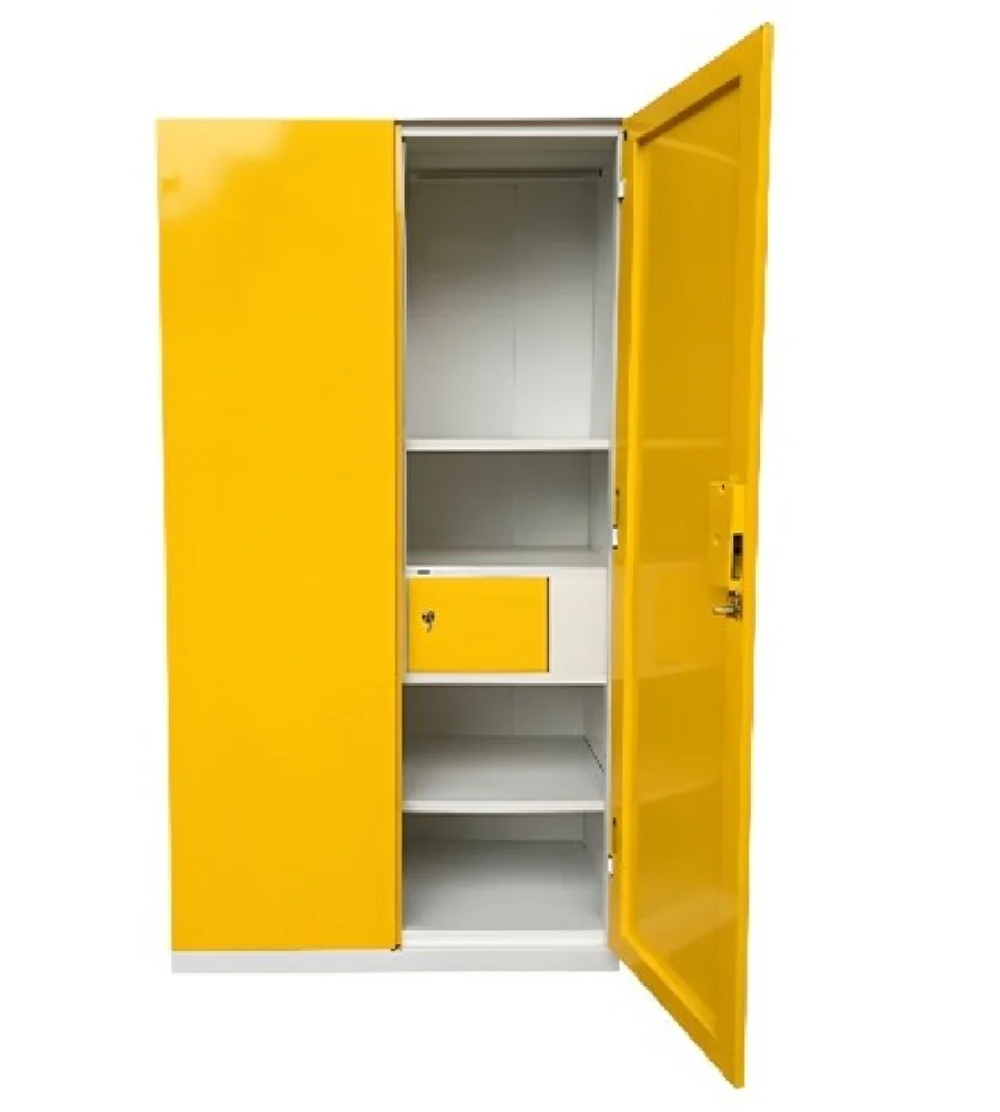 Yellow steel almirah with locker and shelves inside, made from CRCA powder coated steel by Doris Fray for home, office and institutional storage.