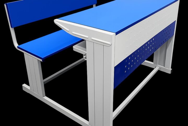 Dual-seater school desk and bench/classroom furniture combo – blue tabletop and seat with white perforated metal frame and legs