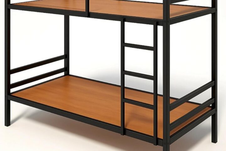 Metal bunk bed with black frame, wooden bed base, integrated ladder, and safety guard rail on top bunk