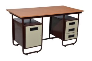 Executive office desk with wooden top, maroon metal frame, three-drawer unit, and cabinet with lock