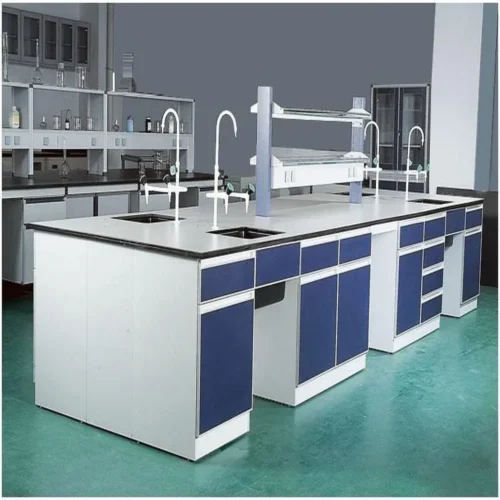 Modular steel laboratory furniture with powder-coated storage cabinets and island workstation for research, pharmaceutical, educational and industrial laboratories.