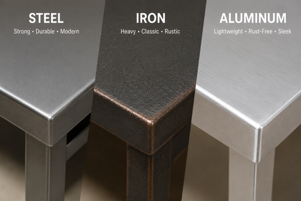 Close-up comparison of steel, iron and aluminum furniture finishes
