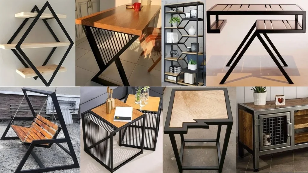 Collage of 8 modern metal furniture designs including a geometric wall shelf, Z-leg dining table, honeycomb bookshelf, A-frame desk, porch swing, nesting side tables, and industrial cabinet