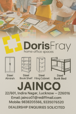 Jainco's DorisFray steel furniture collection featuring almirahs, bookshelves, filing cabinets, and bunk beds. DorisFray home office spaces logo with Jainco steel furniture range – almirah, bookshelf, filing cabinet, and bunk bed
